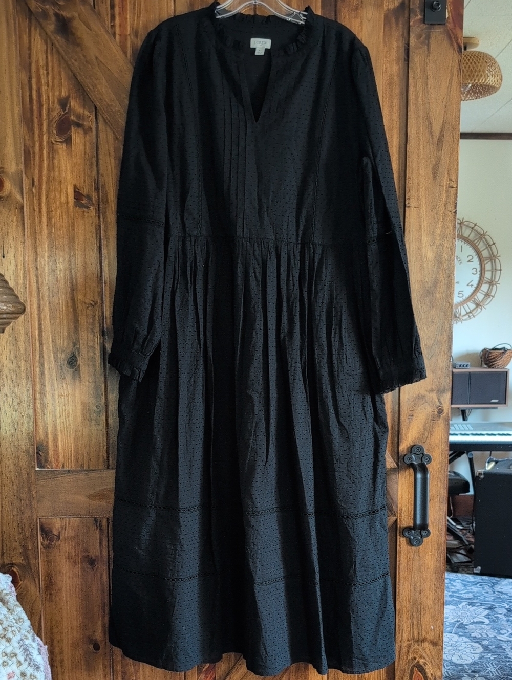 J. CREW Pintuck Midi Dress Swiss Dot Balloon Sleeve Clipdot Black Ruffle Sz. L